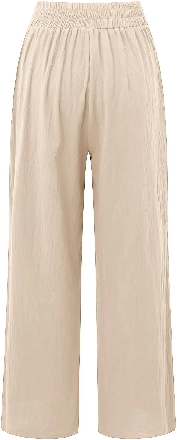 Womens Cotton Linen Summer Trendy Palazzo Pants High Waist Ankle Length Plus Size Palazzo Lounge Pants Vacation
