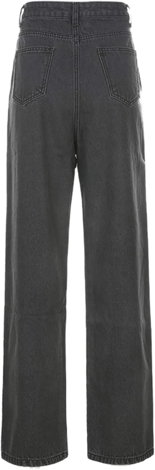 Women's Denim Wide Leg Pant Fashion High Waist Butterfly Printed Baggy Loose Fit Straight Long Trousers