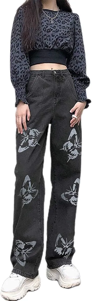 Women's Denim Wide Leg Pant Fashion High Waist Butterfly Printed Baggy Loose Fit Straight Long Trousers
