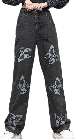 Women's Denim Wide Leg Pant Fashion High Waist Butterfly Printed Baggy Loose Fit Straight Long Trousers