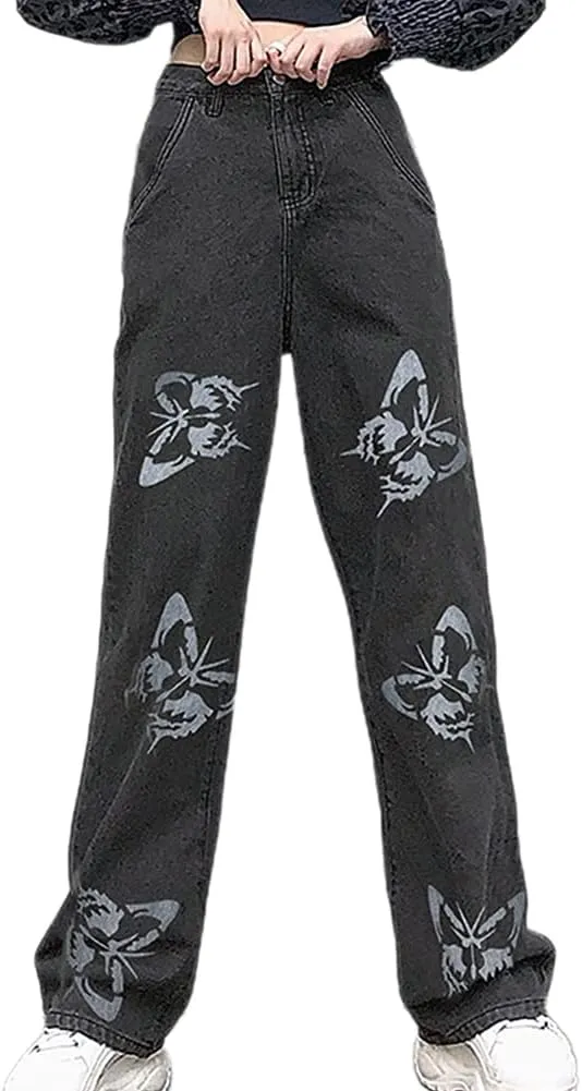 Women's Denim Wide Leg Pant Fashion High Waist Butterfly Printed Baggy Loose Fit Straight Long Trousers