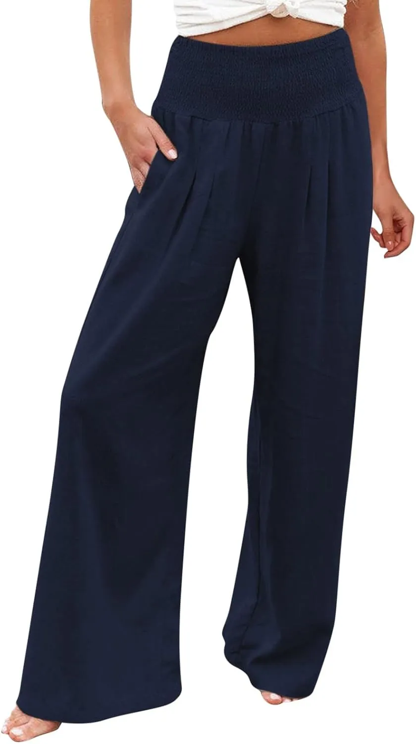 Women's Elastic High Waist Trousers Casual Solid Color Cotton Linen Wide Leg Pants Loose Pull-on Trousers