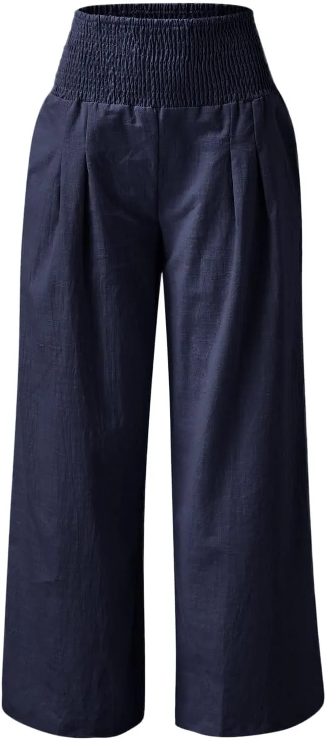 Women's Elastic High Waist Trousers Casual Solid Color Cotton Linen Wide Leg Pants Loose Pull-on Trousers