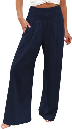 Women's Elastic High Waist Trousers Casual Solid Color Cotton Linen Wide Leg Pants Loose Pull-on Trousers