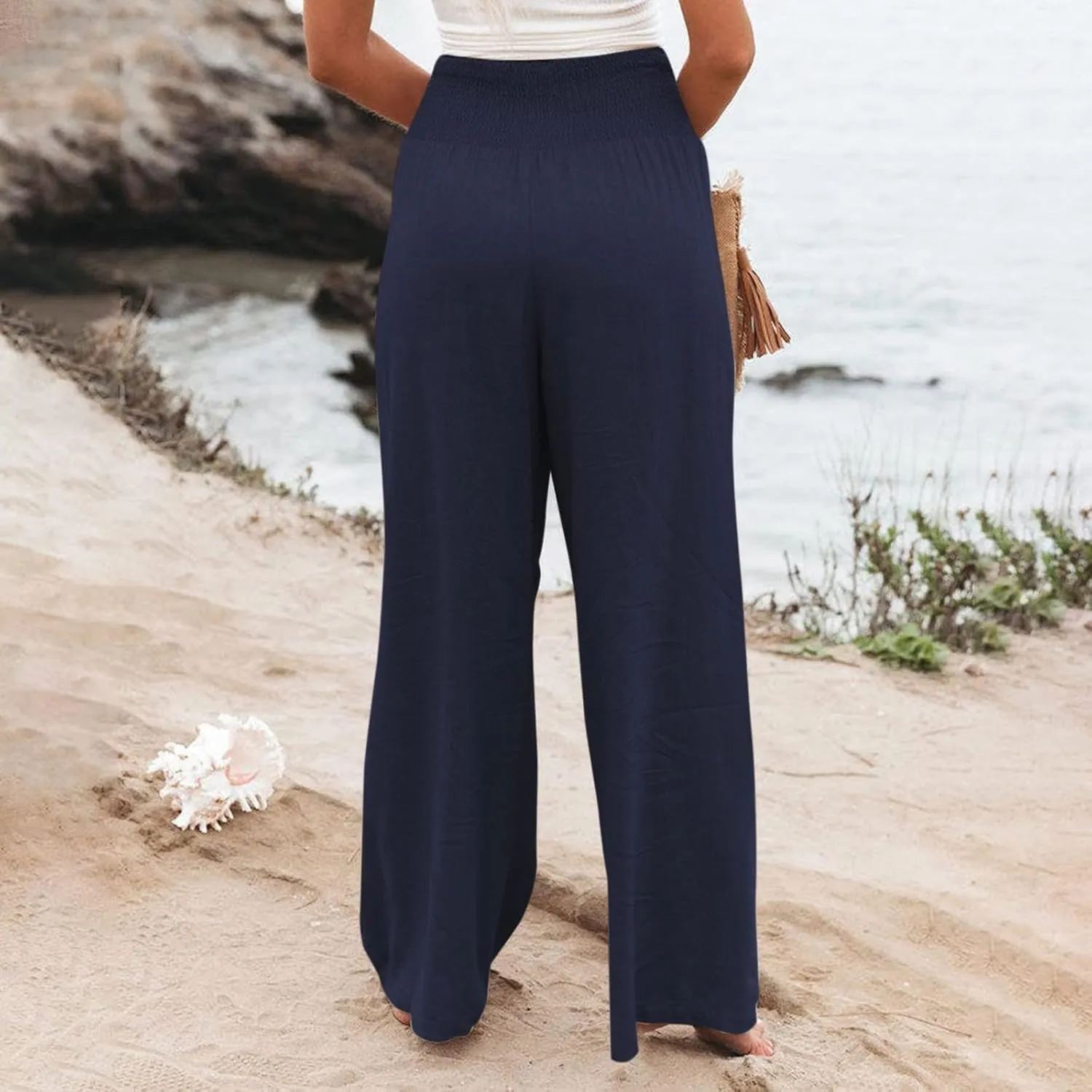 Women's Elastic High Waist Trousers Casual Solid Color Cotton Linen Wide Leg Pants Loose Pull-on Trousers