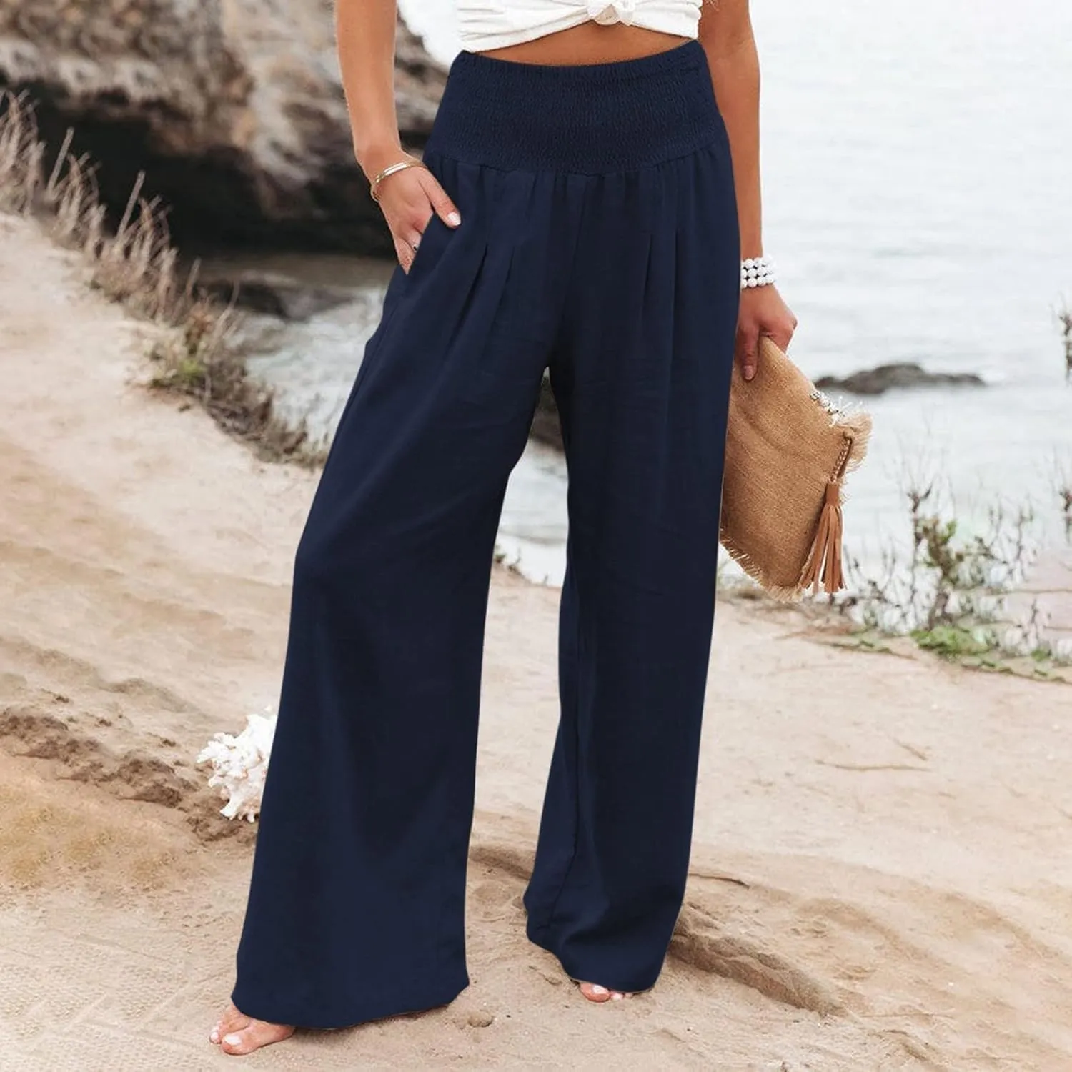 Women's Elastic High Waist Trousers Casual Solid Color Cotton Linen Wide Leg Pants Loose Pull-on Trousers