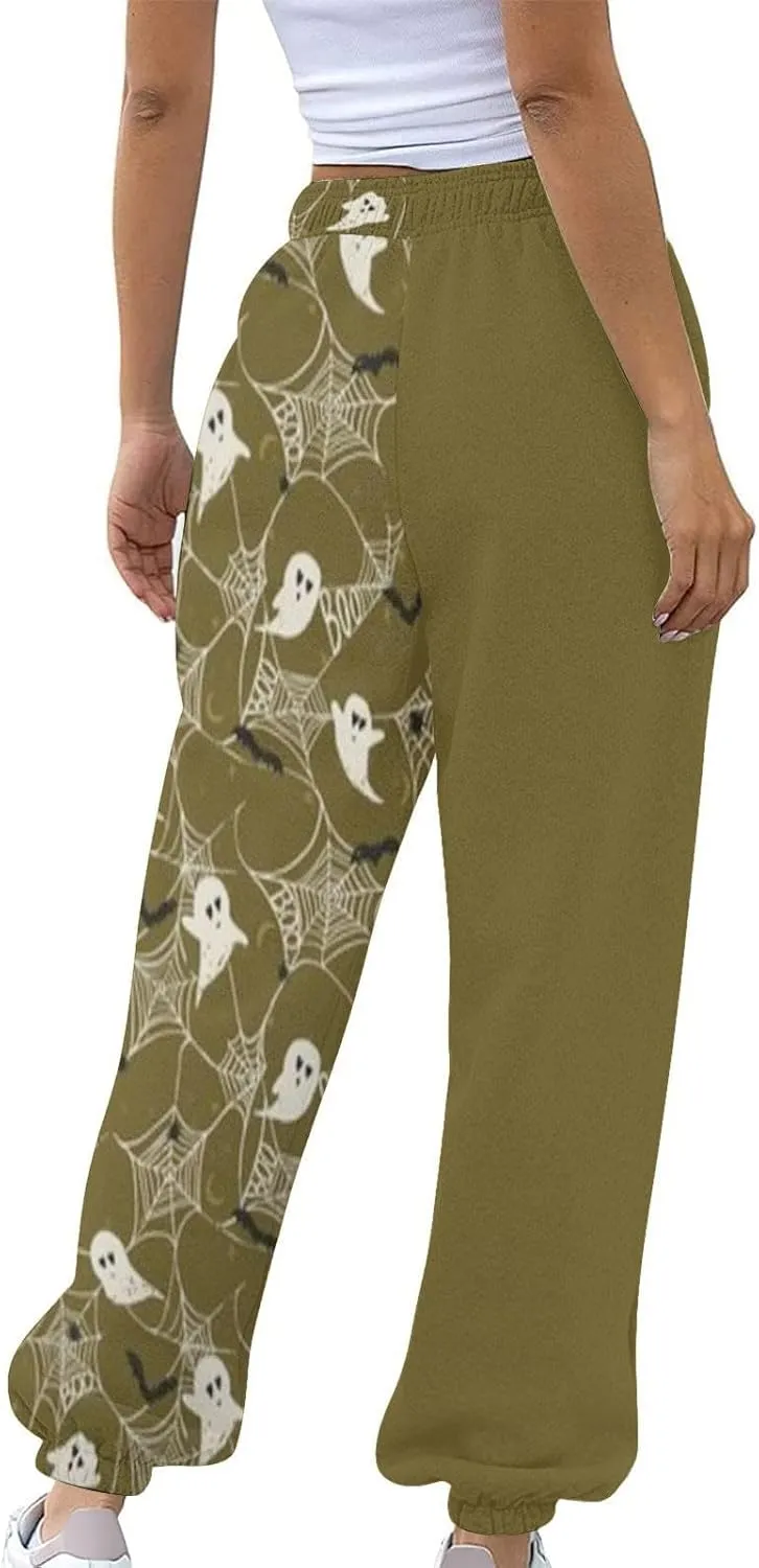 Womens Halloween Sweatpants Trendy Funny Print Drawstring Waist Wide Leg Pants Work Loose Pocket Lounge Joggers