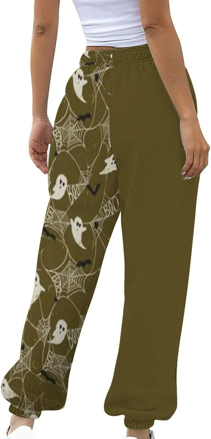 Womens Halloween Sweatpants Trendy Funny Print Drawstring Waist Wide Leg Pants Work Loose Pocket Lounge Joggers