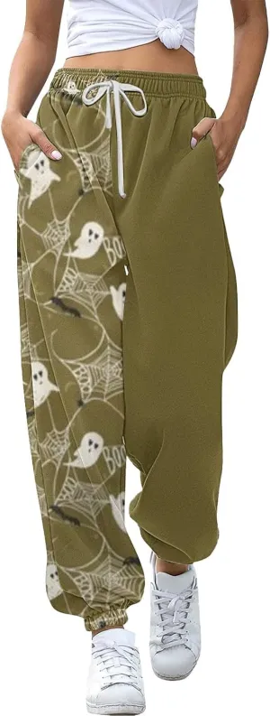 Womens Halloween Sweatpants Trendy Funny Print Drawstring Waist Wide Leg Pants Work Loose Pocket Lounge Joggers