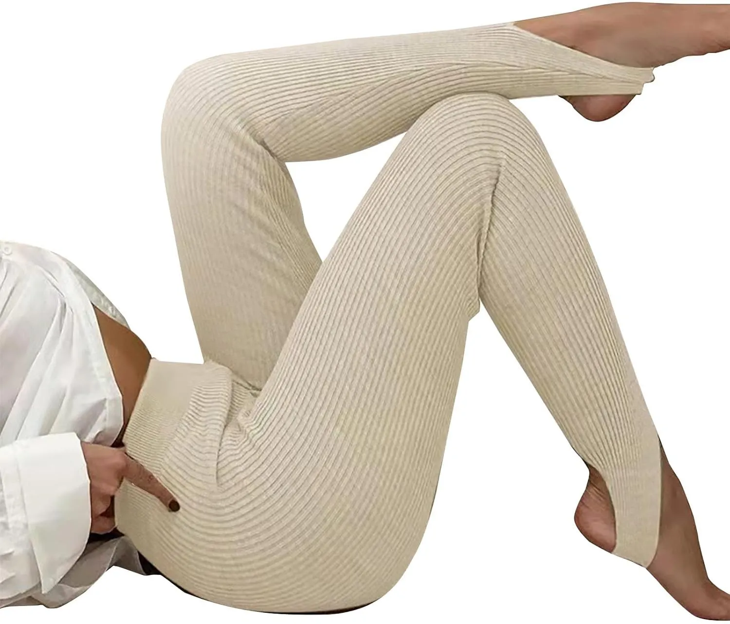 Women's High Waist Knit Yoga Stirrup Leggings Trendy Tummy Control Stretch Gym Trouser Workout Running Tights Pants