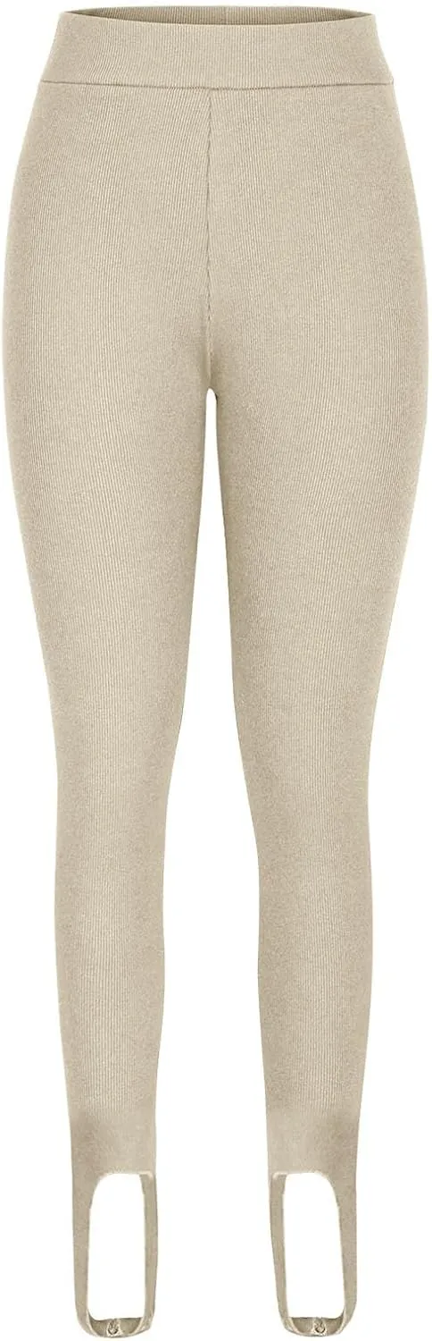 Women's High Waist Knit Yoga Stirrup Leggings Trendy Tummy Control Stretch Gym Trouser Workout Running Tights Pants
