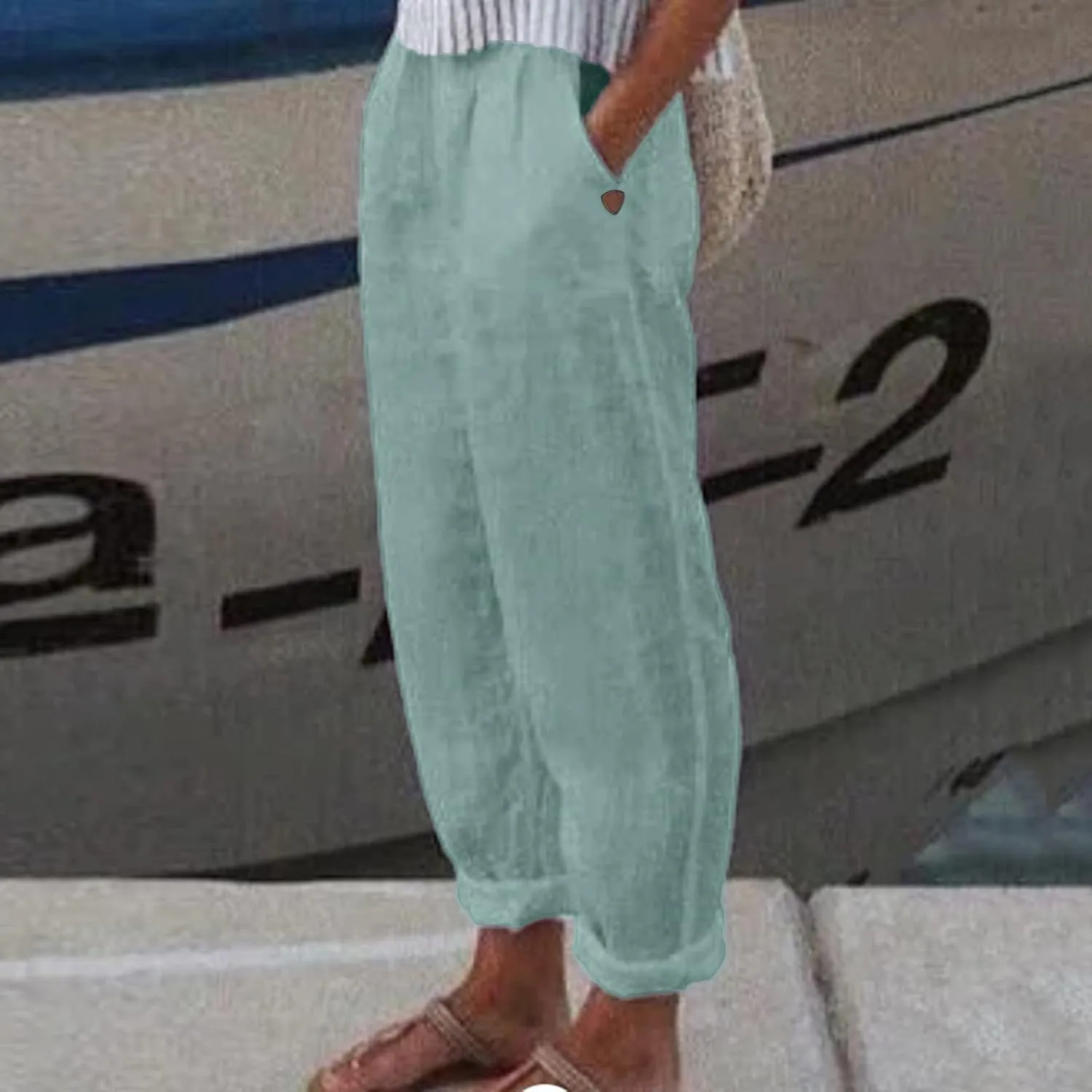 Women's Linen Blend Summer Boho Palazzo Pants Low Waist Lounge Pants Slim Fit Palazzo Lounge Pants Vacation