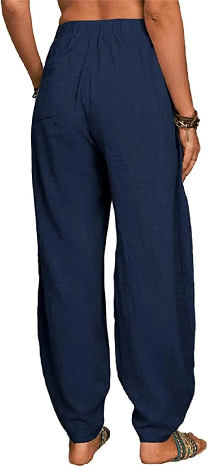 Womens Linen Blend Summer Palazzo Palazzo Lounge Pants Elastic Waisted Baggy Stretchy Loose Fit Trousers Vacation