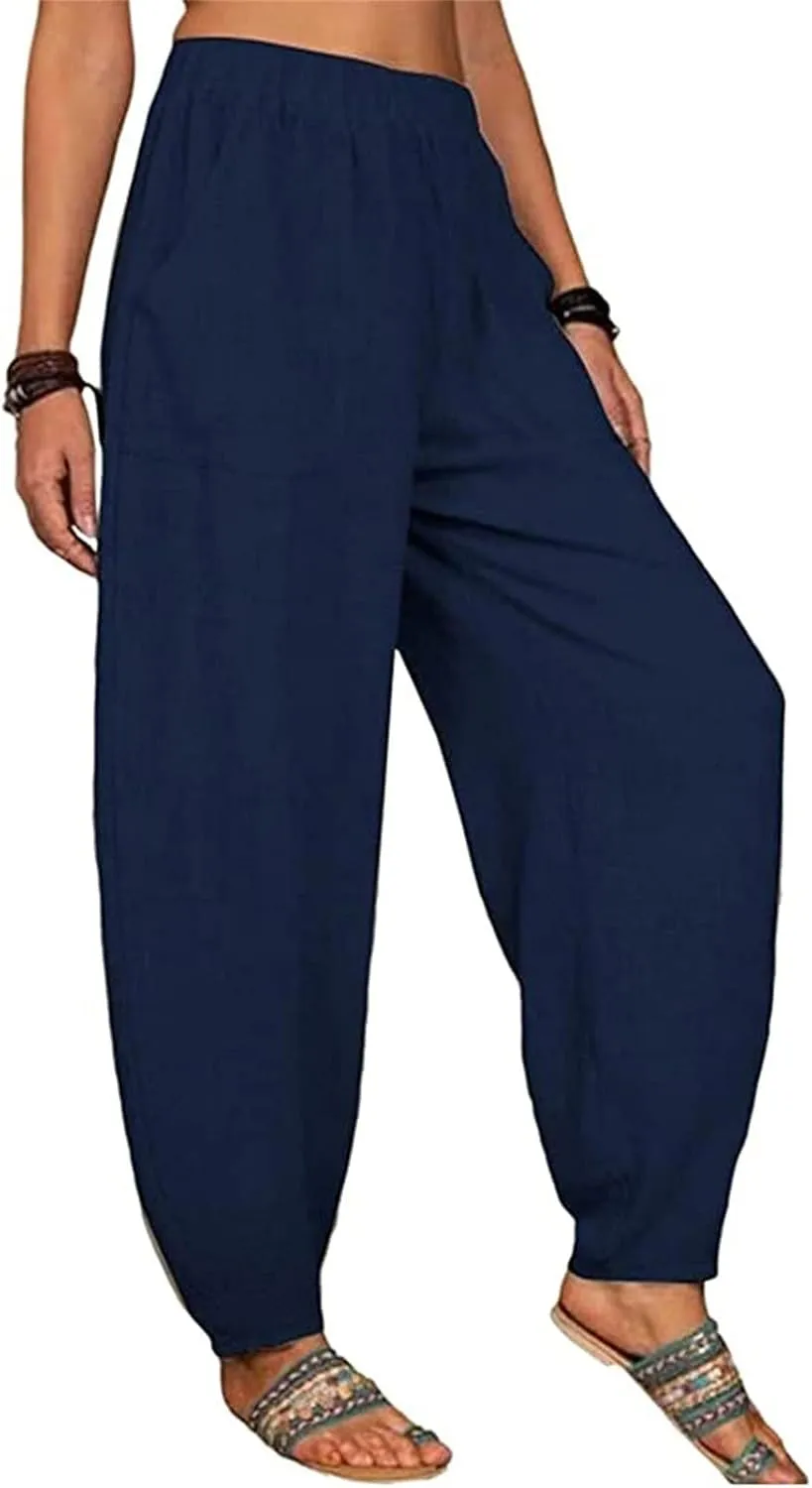 Womens Linen Blend Summer Palazzo Palazzo Lounge Pants Elastic Waisted Baggy Stretchy Loose Fit Trousers Vacation
