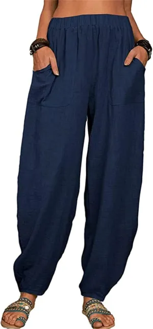 Womens Linen Blend Summer Palazzo Palazzo Lounge Pants Elastic Waisted Baggy Stretchy Loose Fit Trousers Vacation