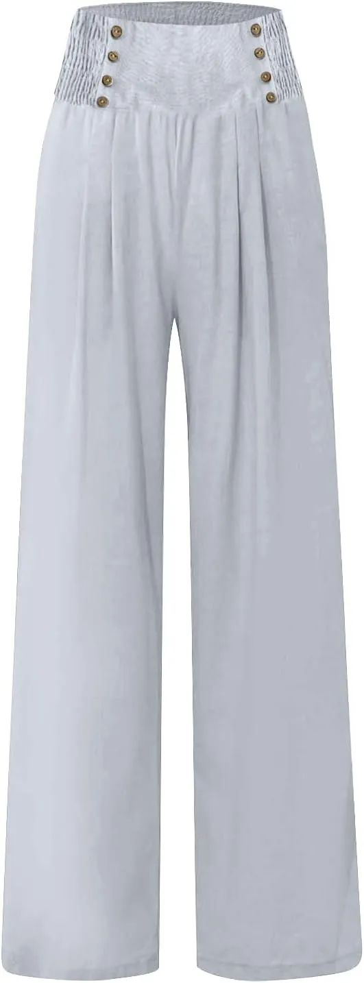 Womens Linen Blend Summer Print Palazzo Pants Low Waist Ankle Length Loose Fit Trouser Business Work