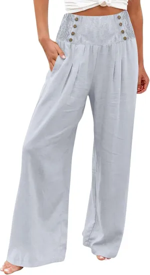Womens Linen Blend Summer Print Palazzo Pants Low Waist Ankle Length Loose Fit Trouser Business Work