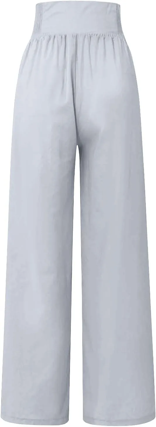 Womens Linen Blend Summer Print Palazzo Pants Low Waist Ankle Length Loose Fit Trouser Business Work