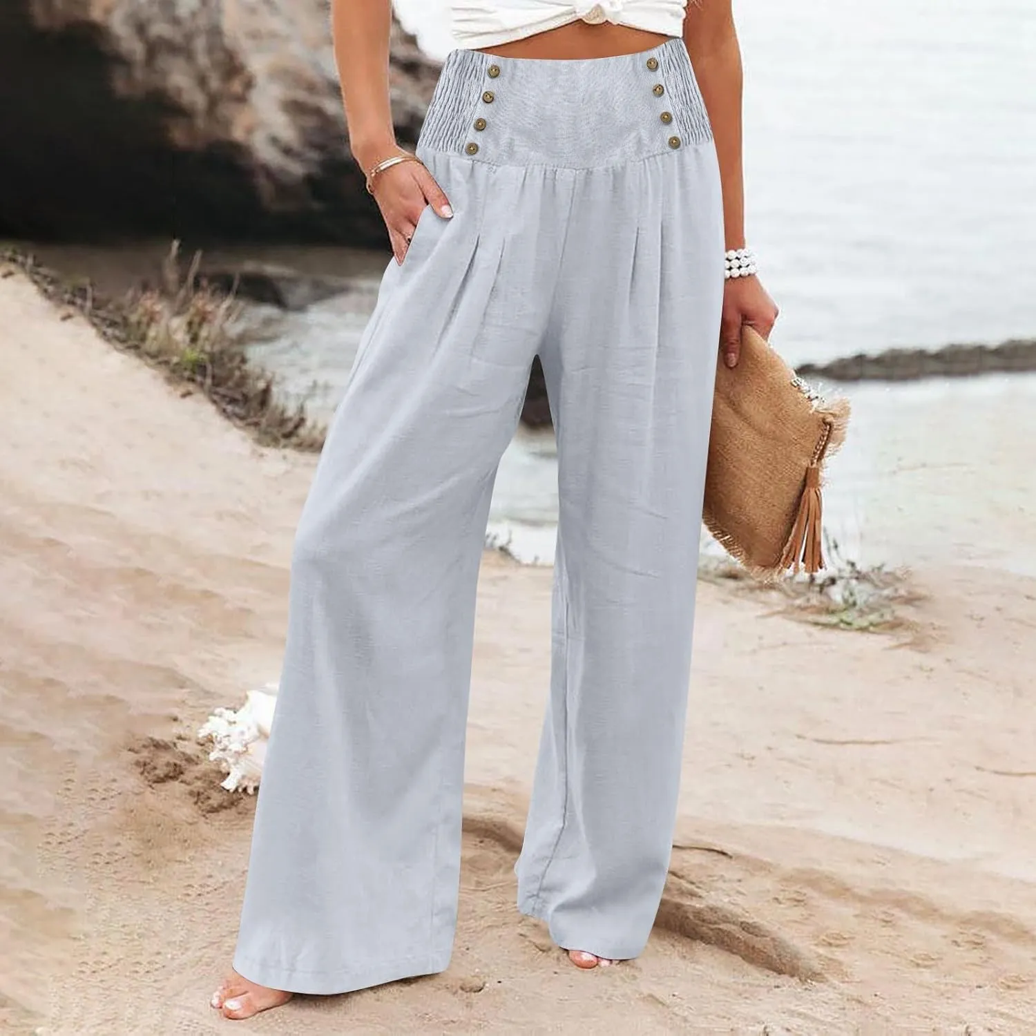 Womens Linen Blend Summer Print Palazzo Pants Low Waist Ankle Length Loose Fit Trouser Business Work