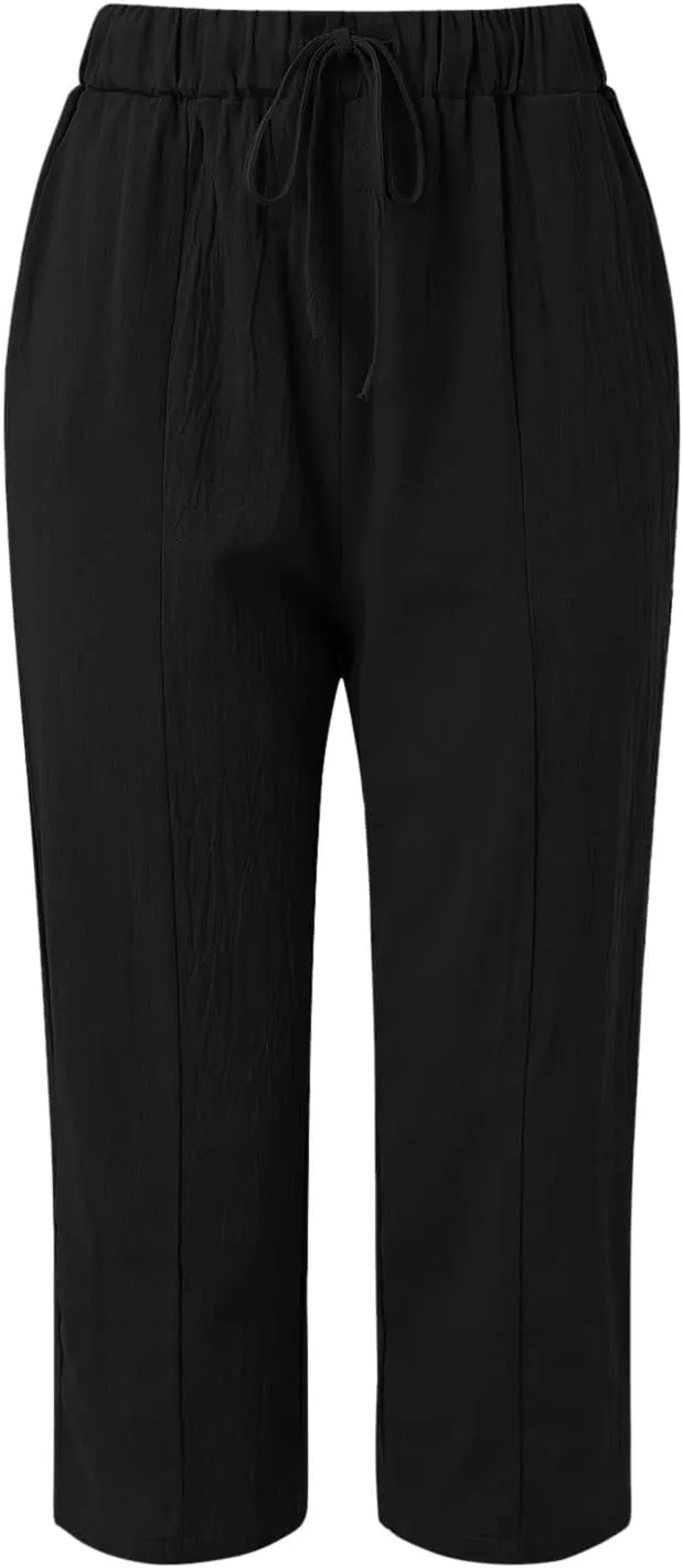 Womens Linen Blend Summer Striped Palazzo Lounge Pants High Waist Straight Plus Size Trousers Office