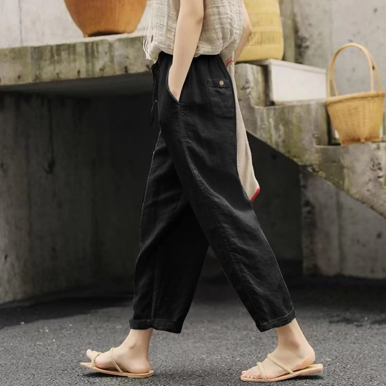 Womens Linen Blend Summer Striped Palazzo Lounge Pants High Waist Straight Plus Size Trousers Office