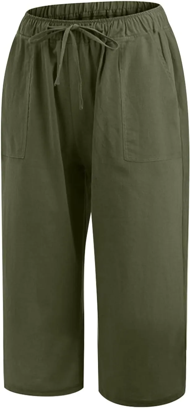 Womens Linen Summer Boho Palazzo Pants Low Waist Ankle Length Slim-Fit Pant Trousers Business Work