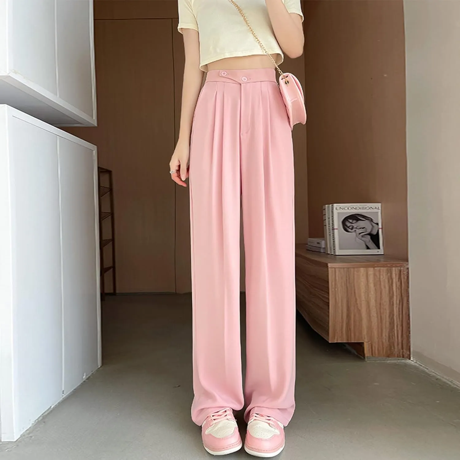 Womens Linen Summer Boho Pant Trousers Elastic Waisted Lounge Pants Plus Size Palazzo Lounge Pants Travel