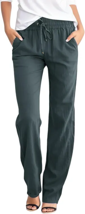 Women's Linen Summer Boho Pants High Waist Ankle Length Slim Fit Pants Business Work