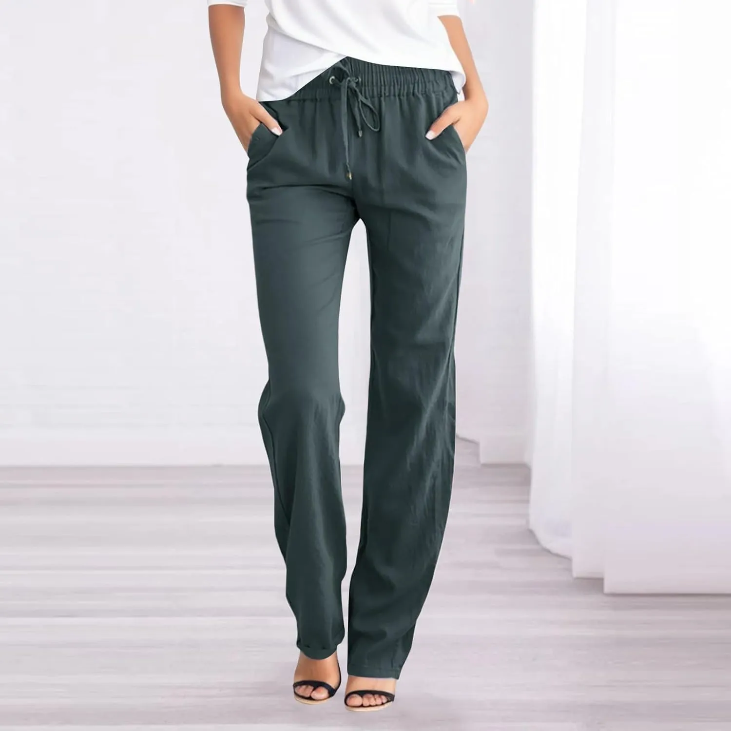 Women's Linen Summer Boho Pants High Waist Ankle Length Slim Fit Pants Business Work