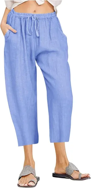Womens Linen Summer Flowy Pants Elastic Waisted Ankle Length Plus Size Trouser Travel