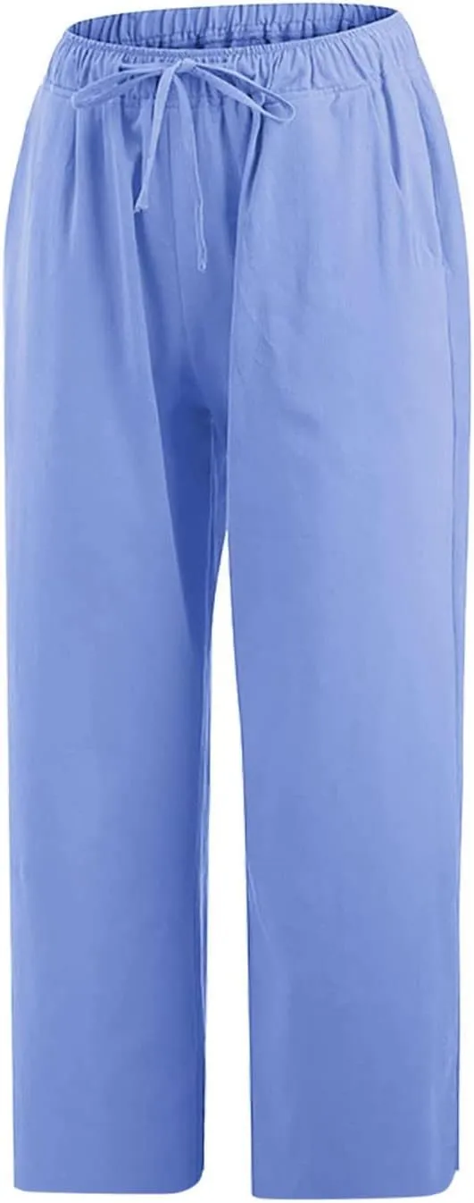 Womens Linen Summer Flowy Pants Elastic Waisted Ankle Length Plus Size Trouser Travel