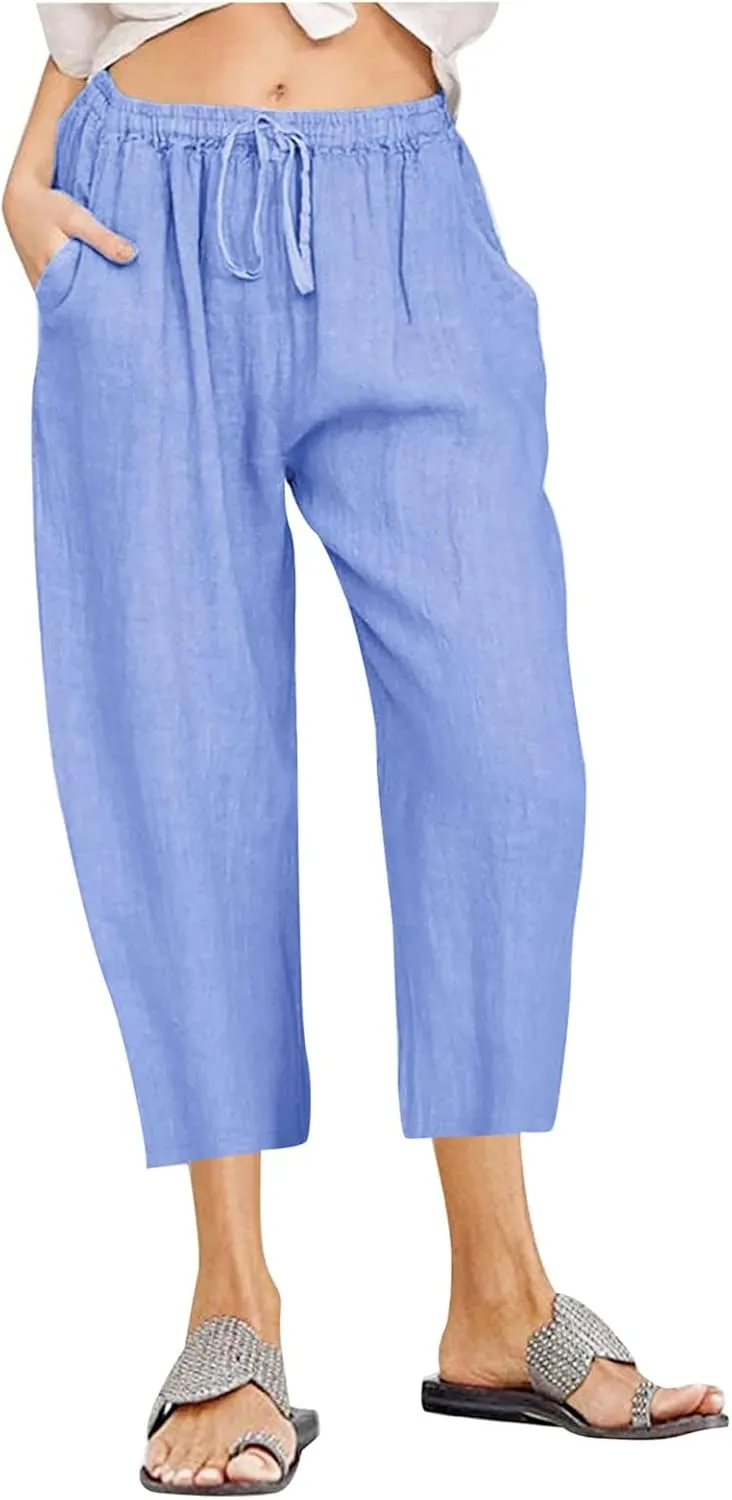 Womens Linen Summer Flowy Pants Elastic Waisted Ankle Length Plus Size Trouser Travel