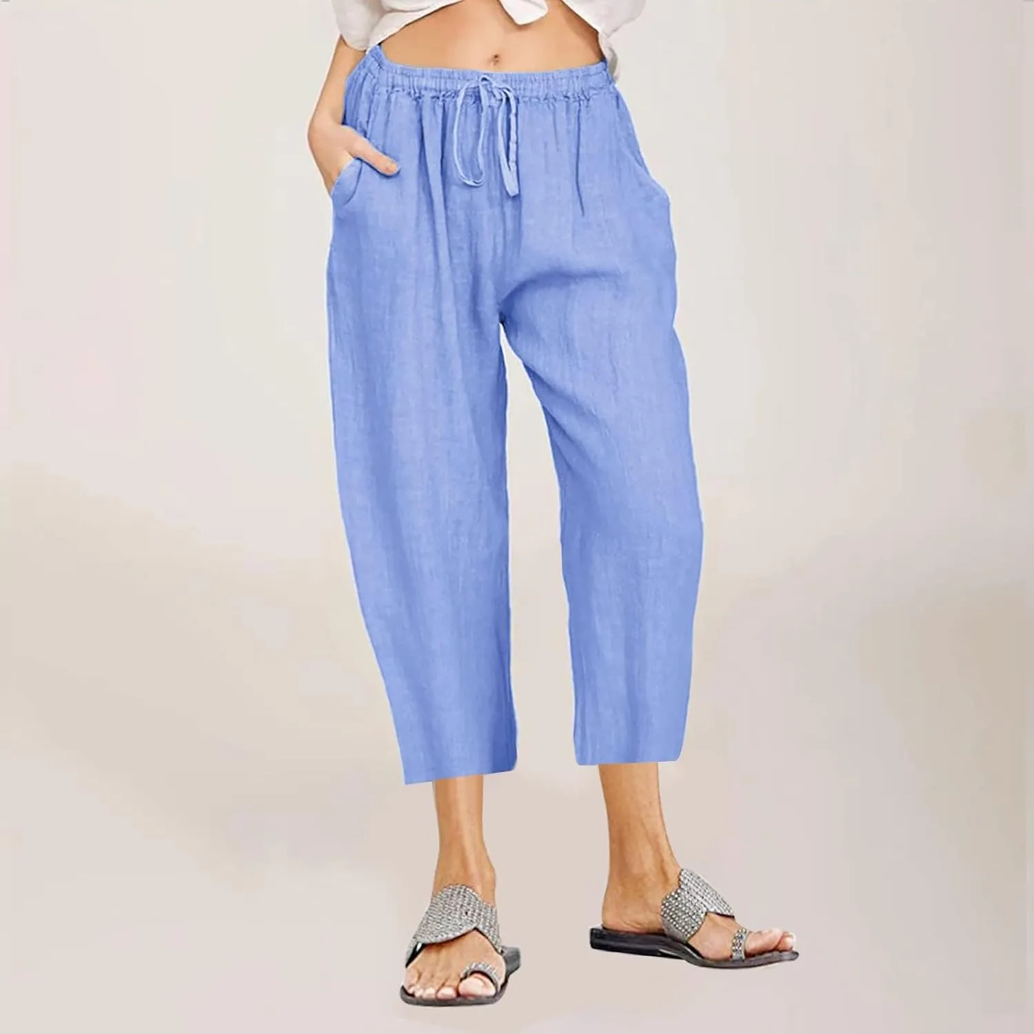Womens Linen Summer Flowy Pants Elastic Waisted Ankle Length Plus Size Trouser Travel