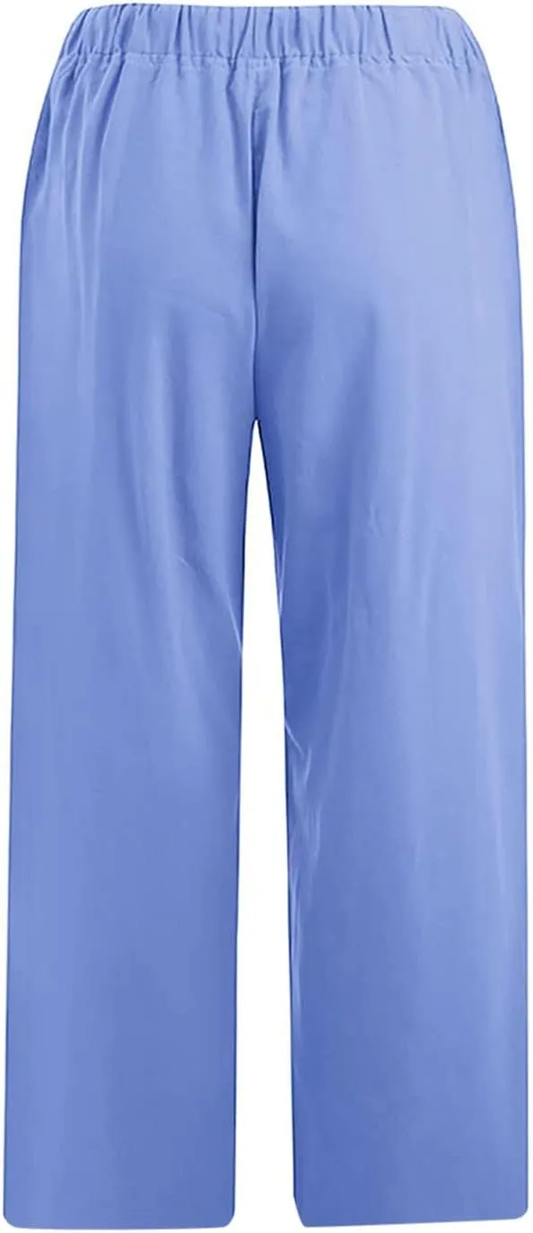 Womens Linen Summer Flowy Pants Elastic Waisted Ankle Length Plus Size Trouser Travel