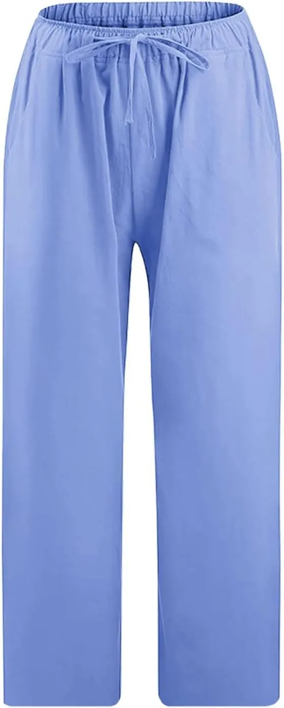 Womens Linen Summer Flowy Pants Elastic Waisted Ankle Length Plus Size Trouser Travel