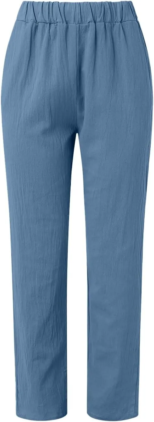 Womens Linen Summer Letter Patched Pants Elastic Waisted Stretchy Straight Plus Size Pant Trousers Vacation