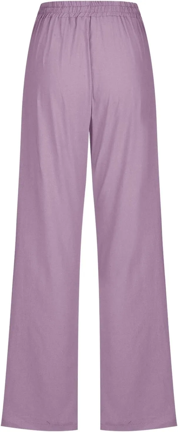 Womens Linen Summer Printed Palazzo Lounge Pants High Waist Stretchy Loose Fit Trousers Work Business