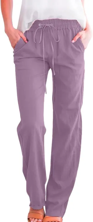 Womens Linen Summer Printed Palazzo Lounge Pants High Waist Stretchy Loose Fit Trousers Work Business
