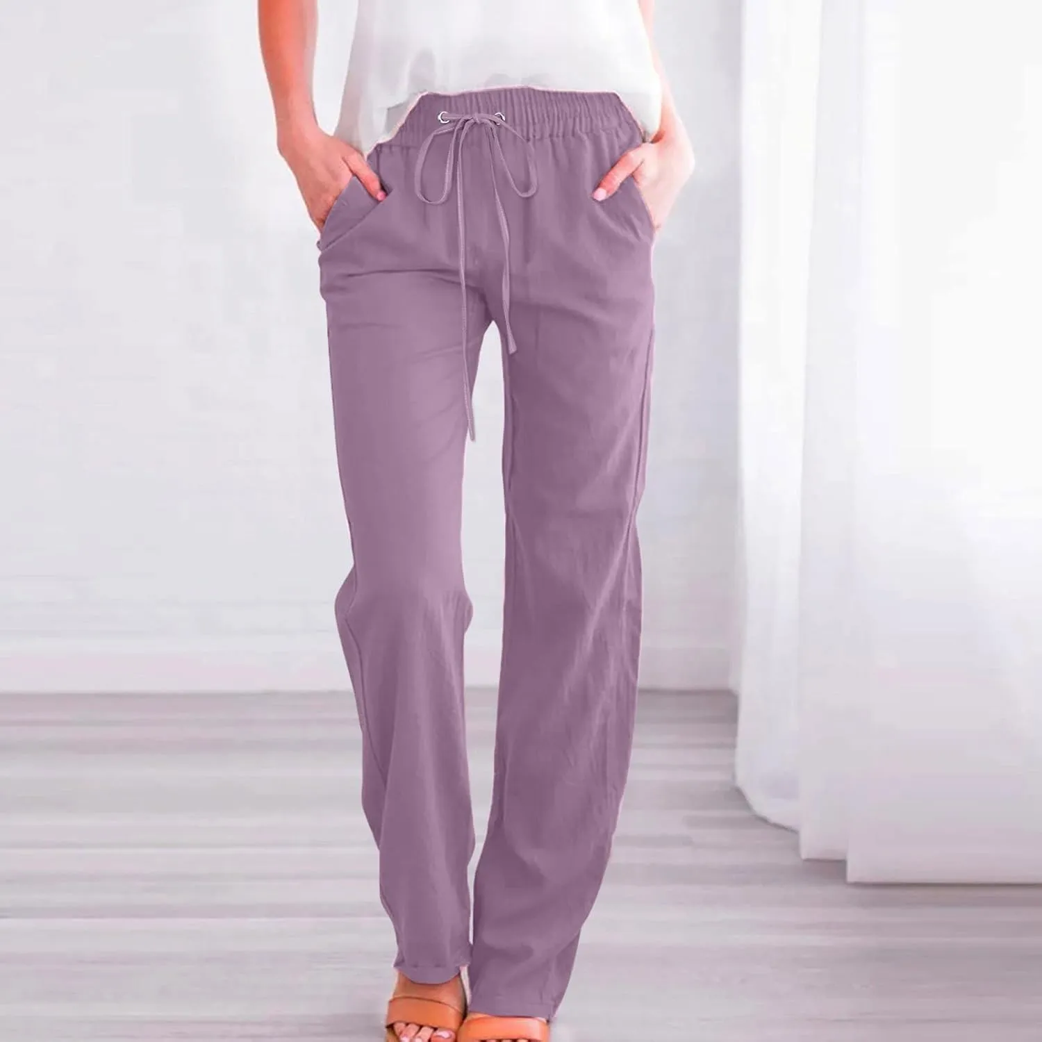 Womens Linen Summer Printed Palazzo Lounge Pants High Waist Stretchy Loose Fit Trousers Work Business