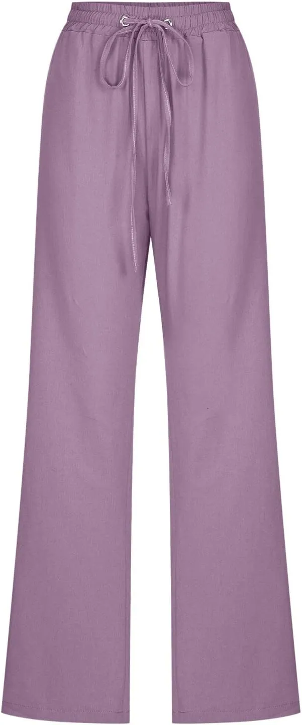 Womens Linen Summer Printed Palazzo Lounge Pants High Waist Stretchy Loose Fit Trousers Work Business