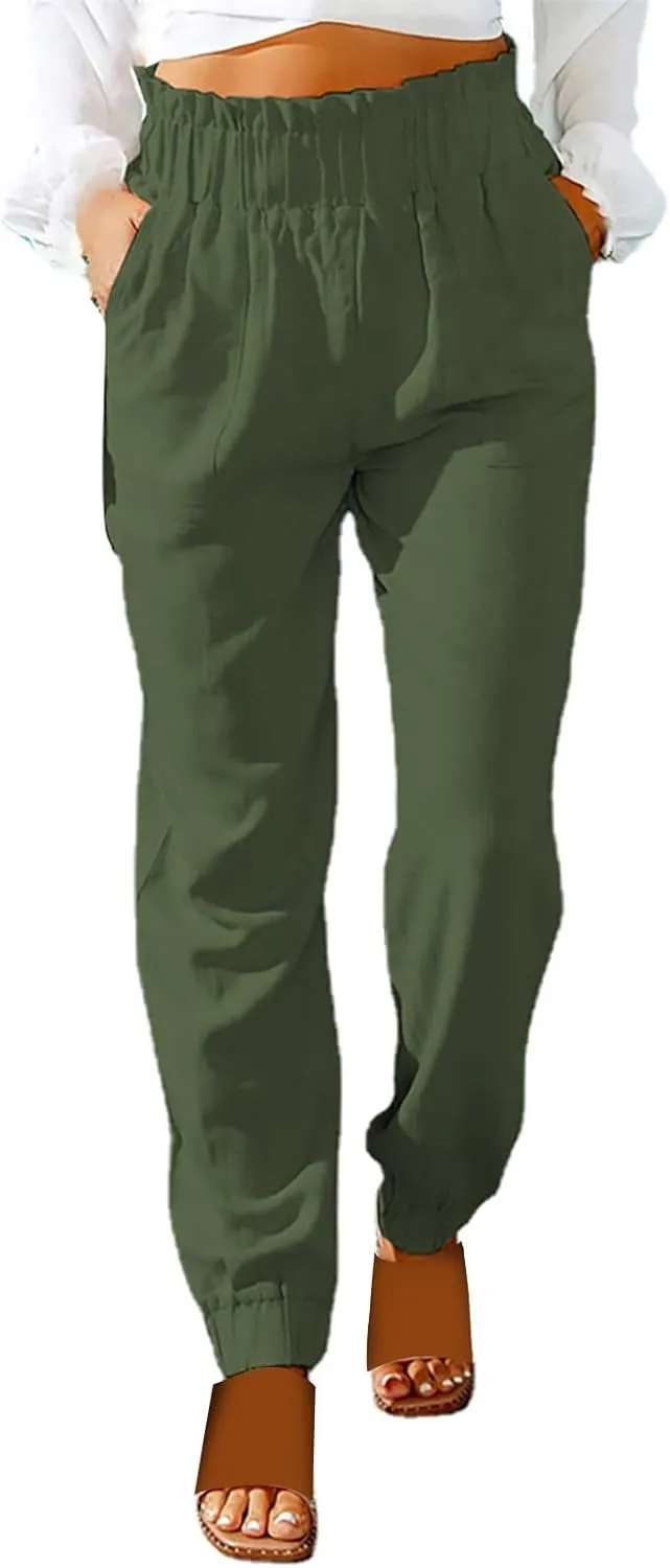 Womens Linen Summer Solid Pant Trousers High Waist Stretchy Straight Slim-Fit Pants Trendy