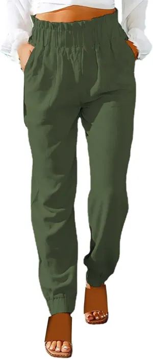 Womens Linen Summer Solid Pant Trousers High Waist Stretchy Straight Slim-Fit Pants Trendy