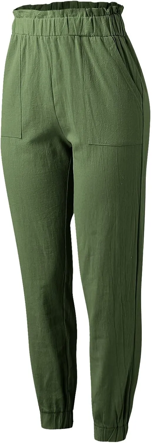 Womens Linen Summer Solid Pant Trousers High Waist Stretchy Straight Slim-Fit Pants Trendy