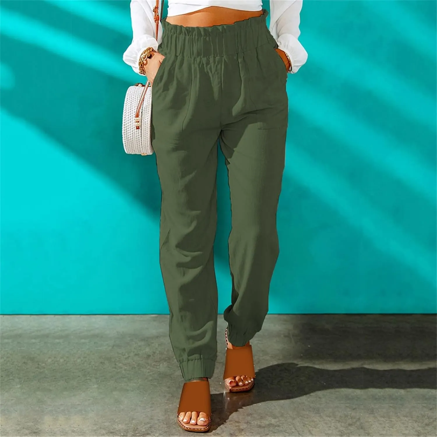 Womens Linen Summer Solid Pant Trousers High Waist Stretchy Straight Slim-Fit Pants Trendy