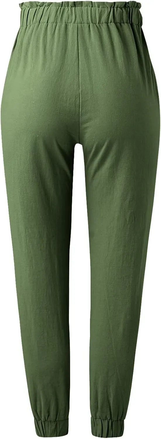 Womens Linen Summer Solid Pant Trousers High Waist Stretchy Straight Slim-Fit Pants Trendy