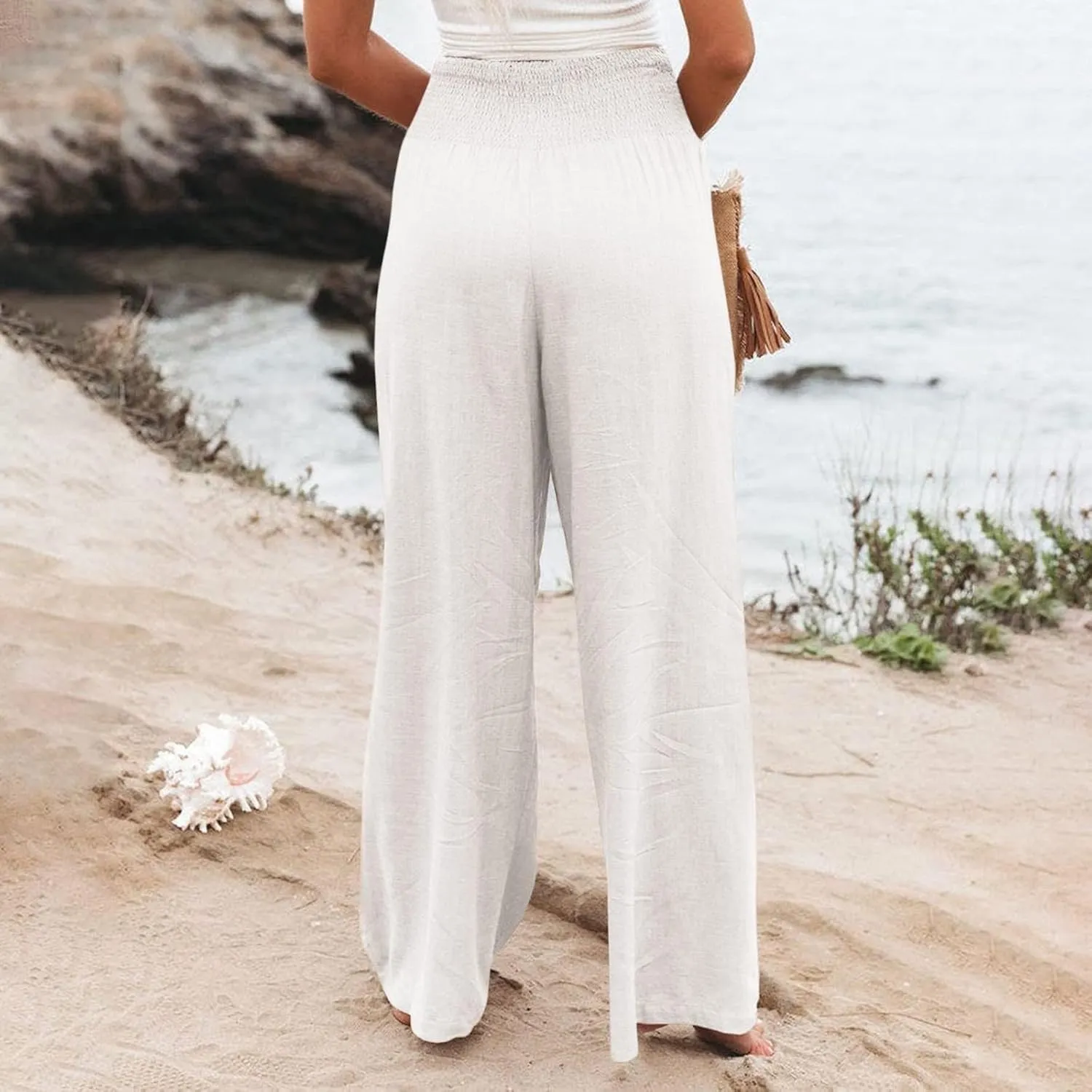 Womens Linen Summer Split Flowy Palazzo Lounge Pants Elastic Waisted Baggy Stretchy Loose Fit Palazzo Pants