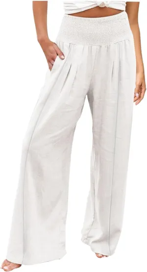Womens Linen Summer Split Flowy Palazzo Lounge Pants Elastic Waisted Baggy Stretchy Loose Fit Palazzo Pants