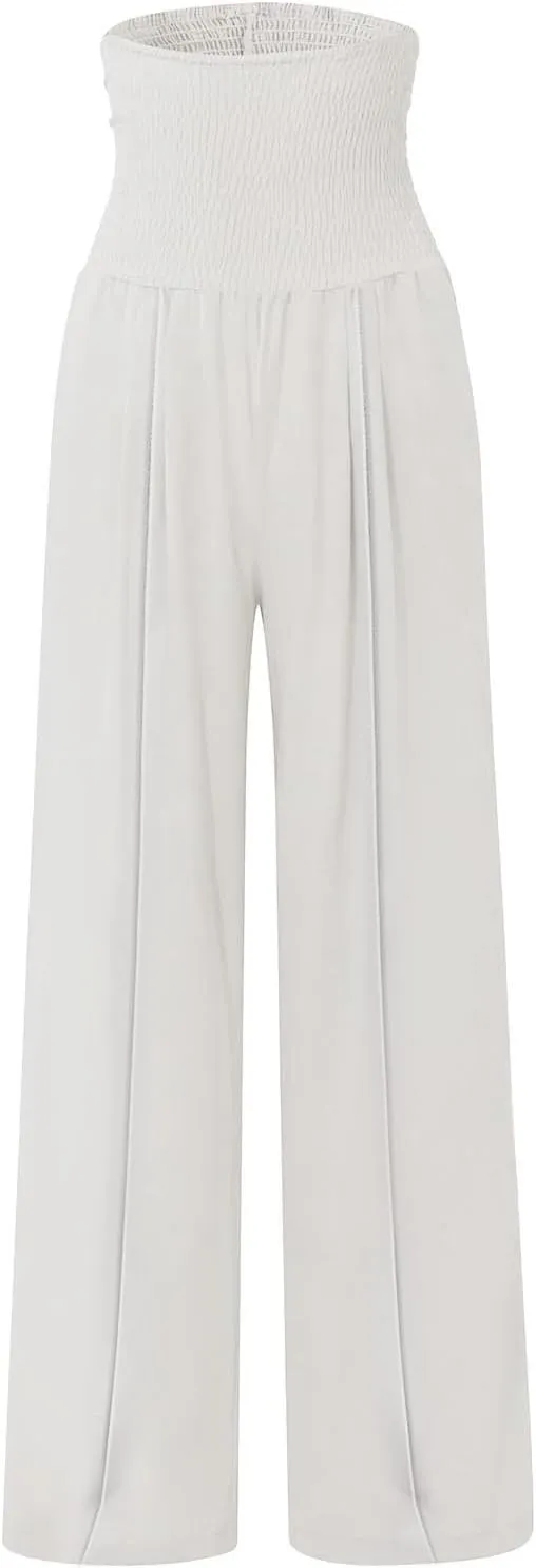 Womens Linen Summer Split Flowy Palazzo Lounge Pants Elastic Waisted Baggy Stretchy Loose Fit Palazzo Pants