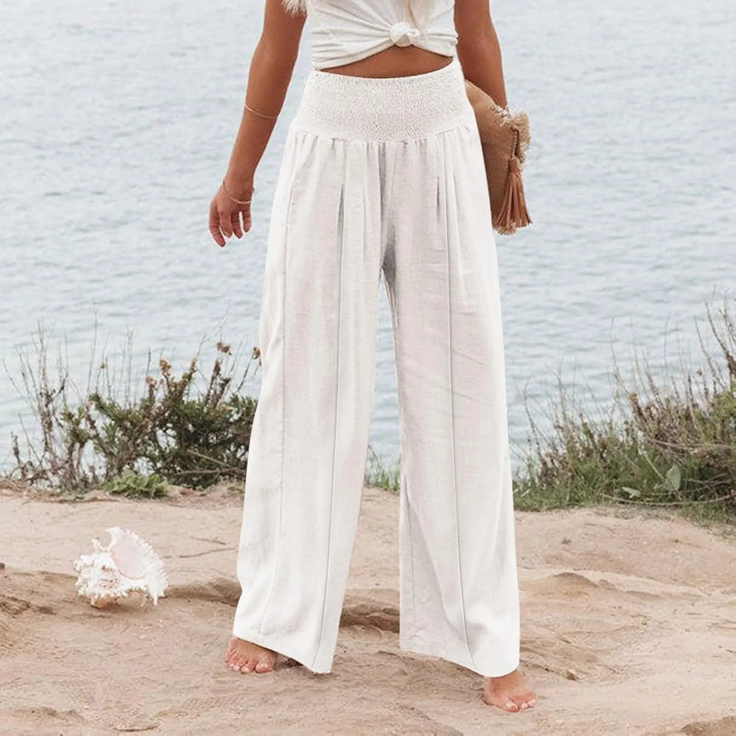 Womens Linen Summer Split Flowy Palazzo Lounge Pants Elastic Waisted Baggy Stretchy Loose Fit Palazzo Pants
