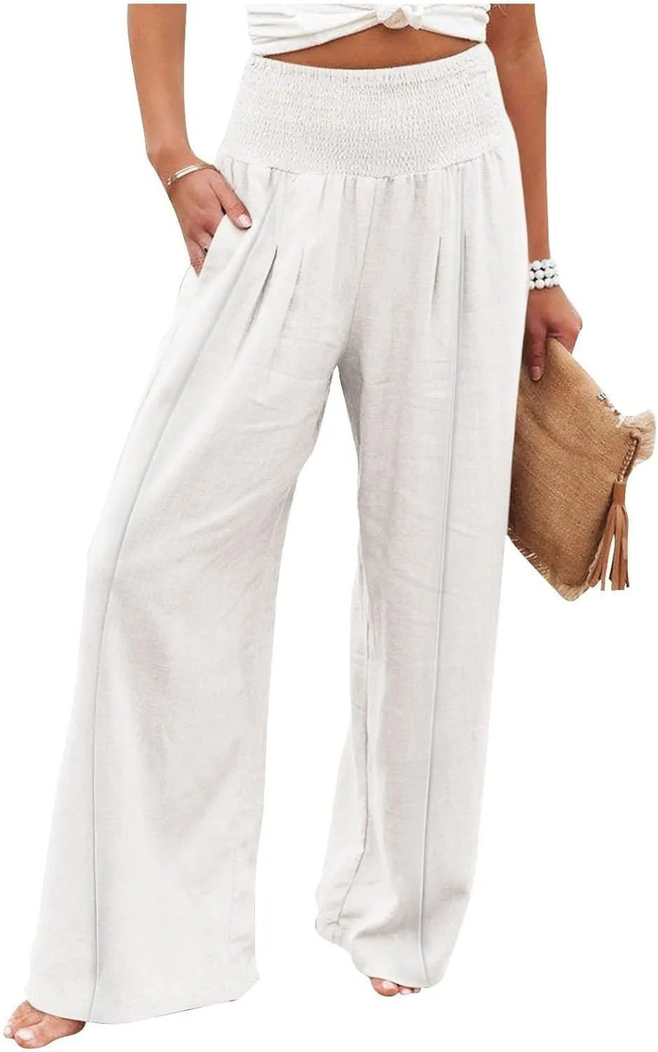 Womens Linen Summer Split Flowy Palazzo Lounge Pants Elastic Waisted Baggy Stretchy Loose Fit Palazzo Pants